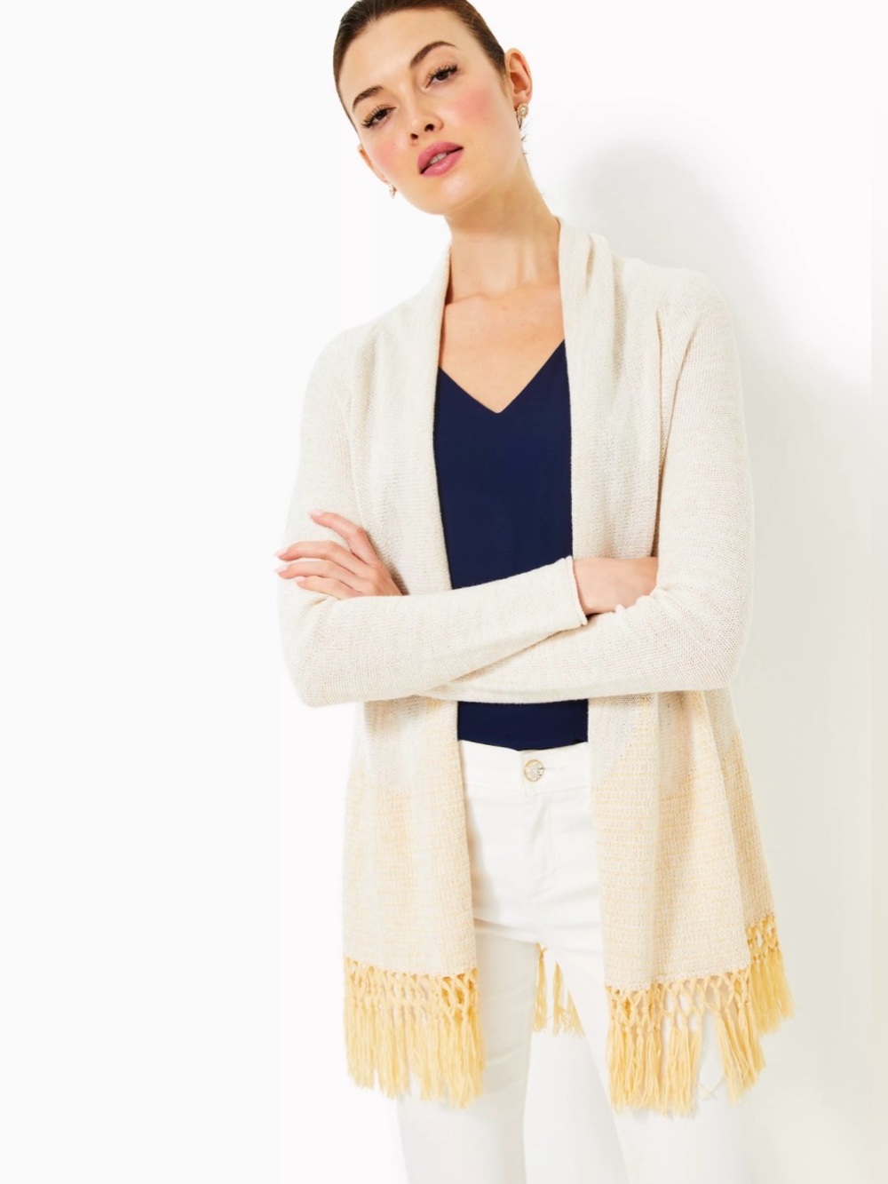 Lilly Pulitzer Tatum Long Sleeve Gold Metallic Tassel Fringe Hem Cardigan Jacket